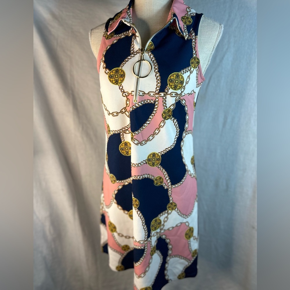 Boston Proper Navy, Pink & White Chain-Print Dress